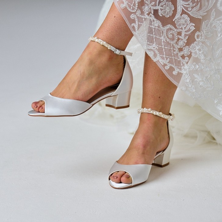 Perfect Bridal Fiona Dyeable Ivory Satin Block Heel Keshi Pearl Ankle Strap Sandals